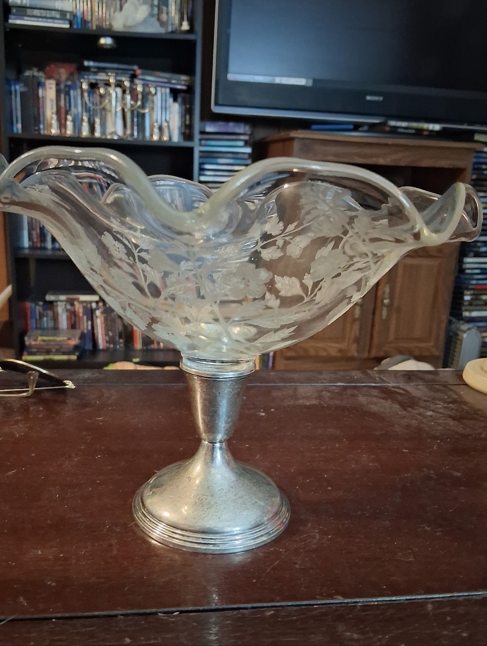 Etched Crystal Compote With Sterling Silver Weighted Base